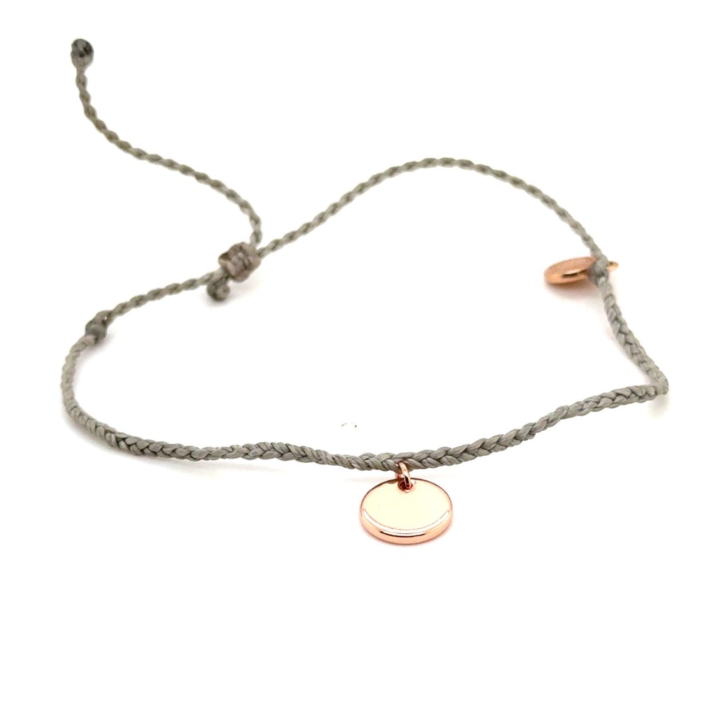 Pura Vida Grey Braided Cord Bracelet Rose Gold Tone Disc Charm Adjustable Boho
